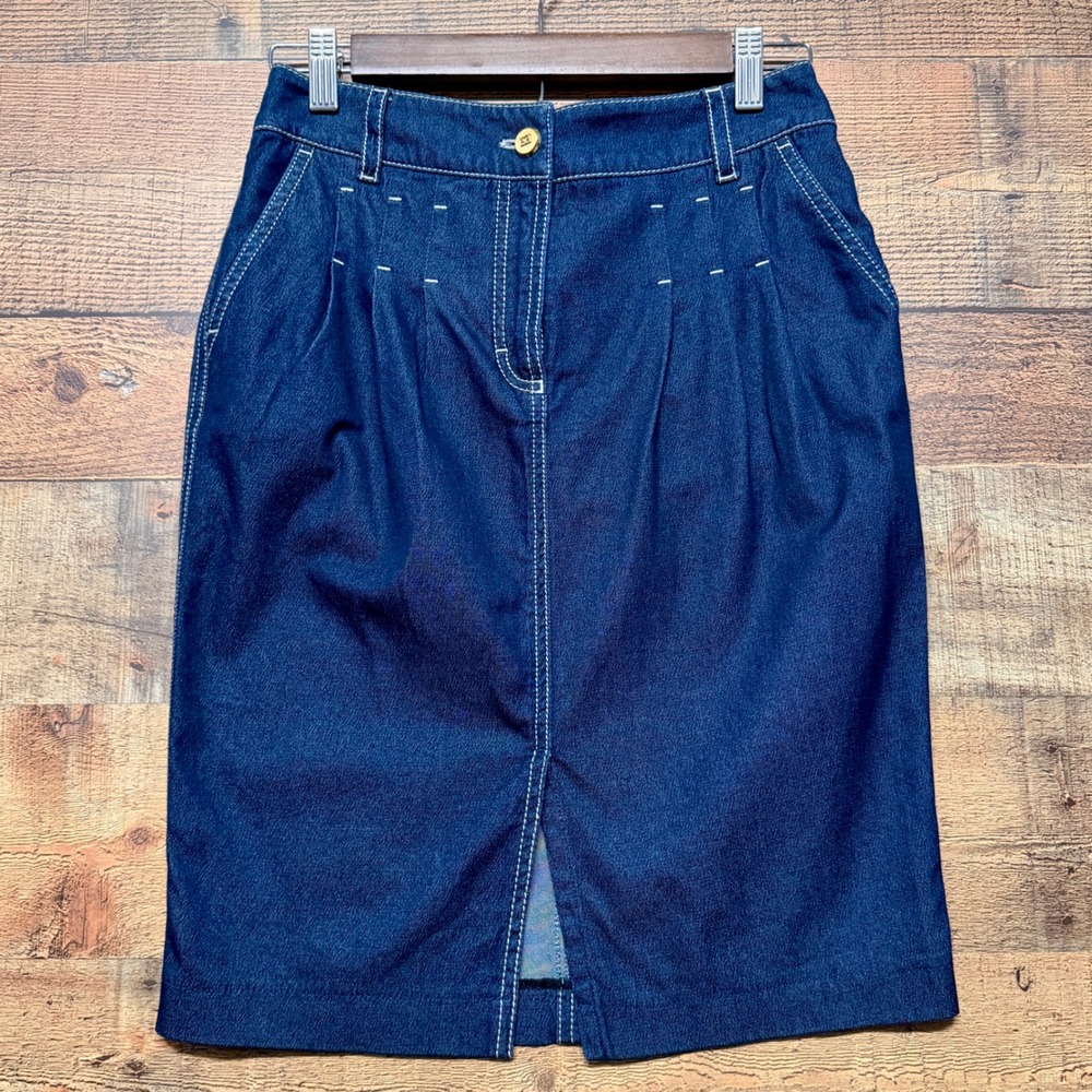 Escada Denim Silk Blend Pencil Skirt Dark Wash Contrast Stitch Size 34 Blue